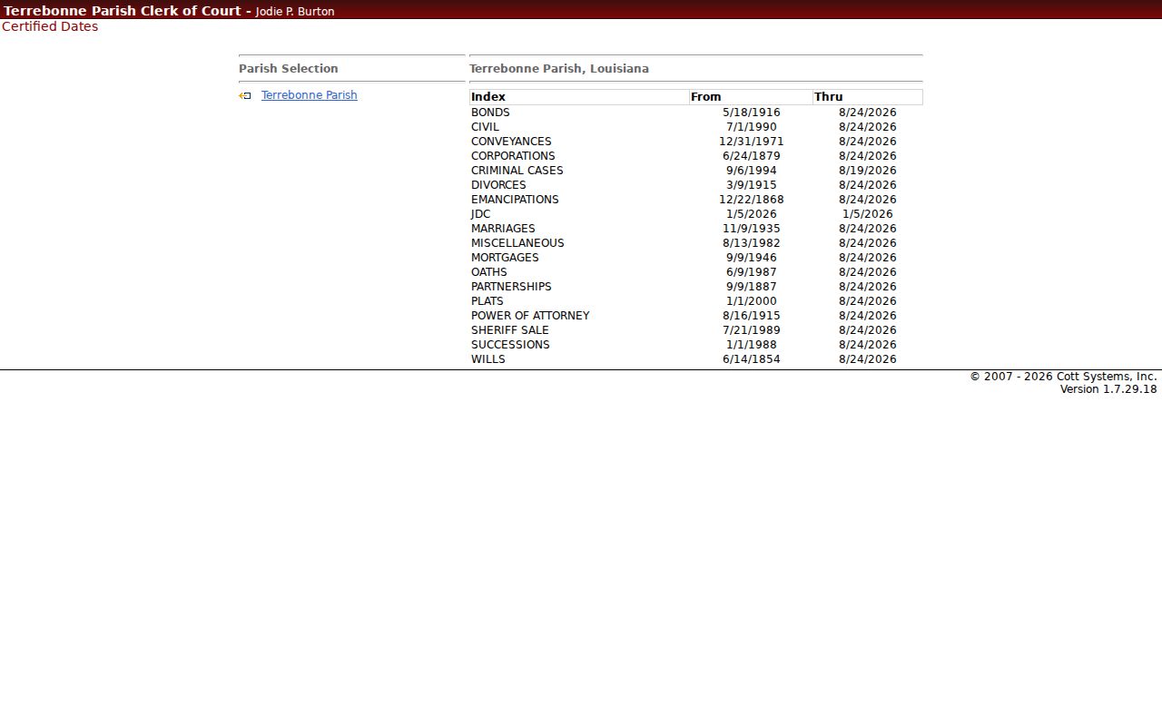 Terrebonne Parish case search Certified Dates coverage display