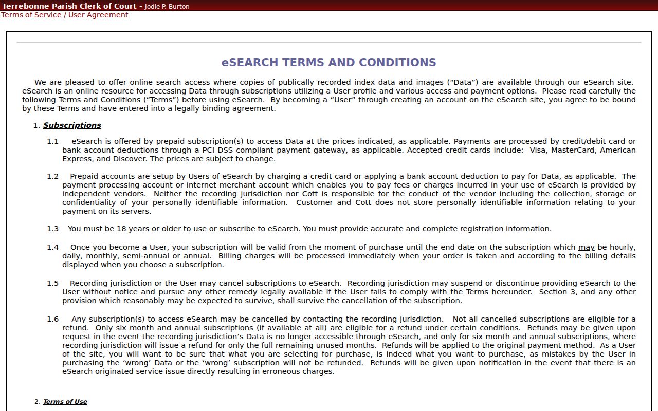 Terrebonne Parish case search eSearch terms and record-status notice