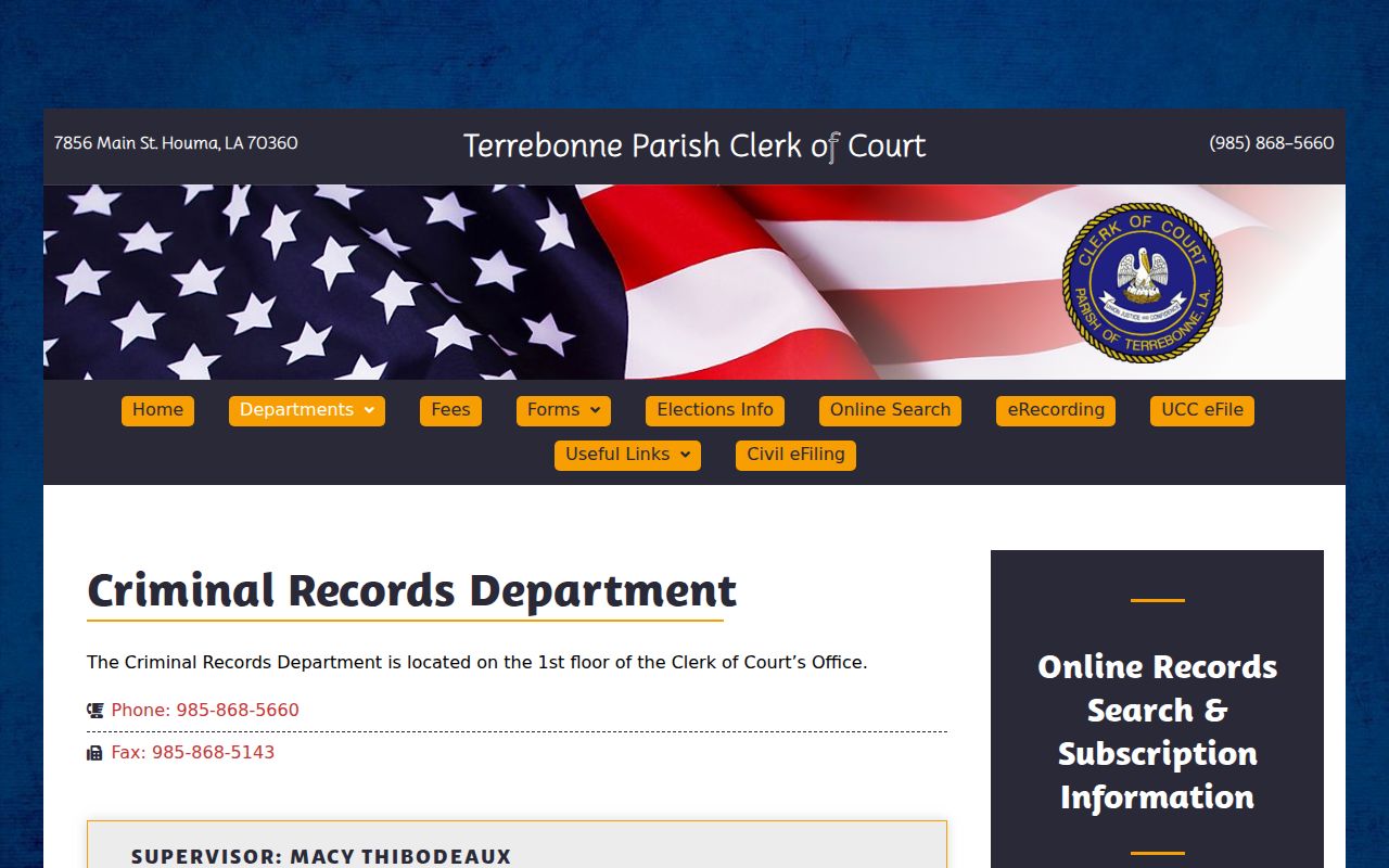 Terrebonne Parish criminal docket records department information