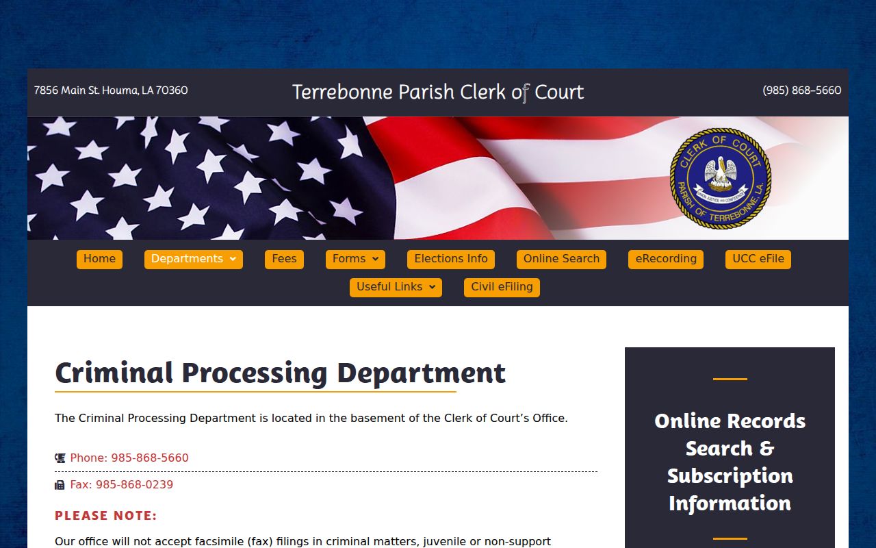 Terrebonne Parish criminal docket processing department information