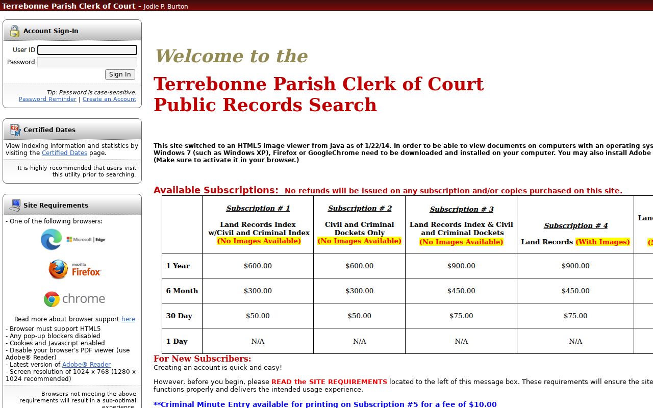 Terrebonne Parish criminal docket search login screen
